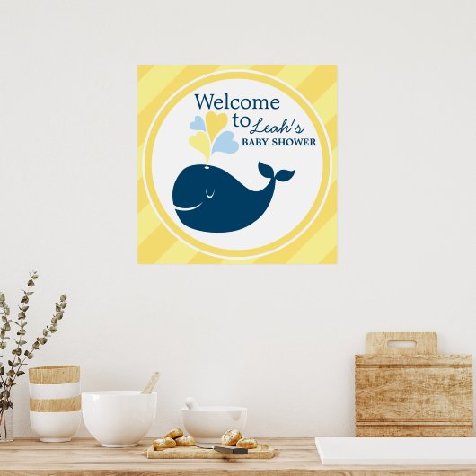 ホエールベビーシャワーようこそネイビーブルーとイエロー ポスター (キッチン)