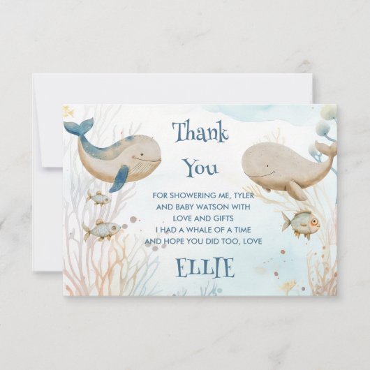 ホエールベビーシャワーブルーベージュウォーター色 サンキューカード (正面)