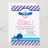 ホエールベビーシャワー招待状ガールピンク 招待状 (正面/裏面)