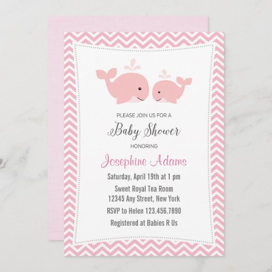 ホエールベビーシャワー招待状ピンク 招待状 (正面/裏面)
