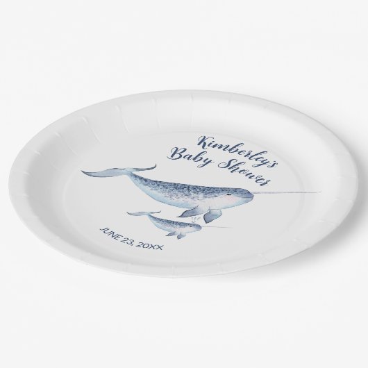 ホエールベビーシャワー水彩ブルー紙プレート ペーパープレート (アングル)