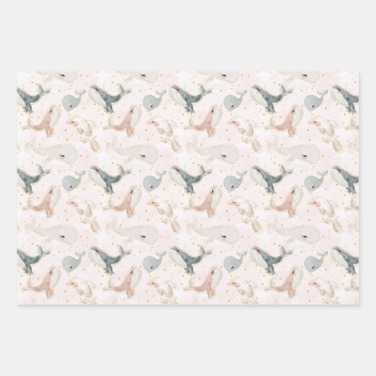 ホエールボーイガール誕生日ベビーシャワーキッズ ラッピングペーパーシート (正面2)