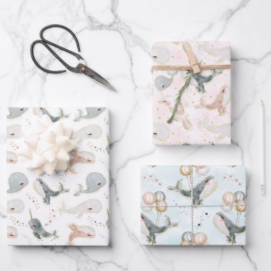 ホエールボーイガール誕生日ベビーシャワーキッズ ラッピングペーパーシート (正面)