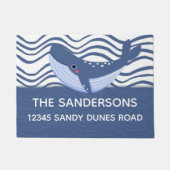 ホエー航海のルと波グレイ・ブルーとホワイト ドアマット (正面)