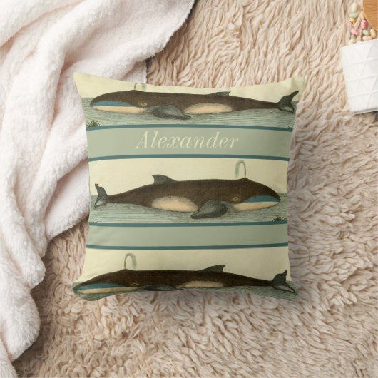 ホエー航海のルヴィンテージ水彩グレータンブルー クッション (ブランケット)