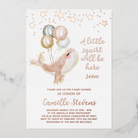ホエー航海のル水彩赤ちゃんシャワーガール 箔招待状 (正面)