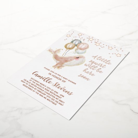 ホエー航海のル水彩赤ちゃんシャワーガール 箔招待状 (回転した状態)