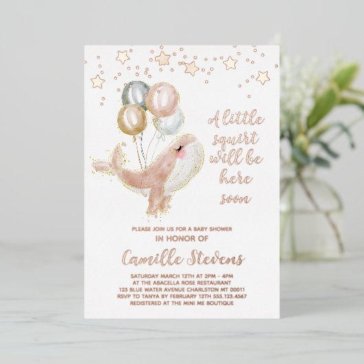 ホエー航海のル水彩赤ちゃんシャワーガール 箔招待状 (立ち正面)