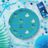 ホエー航海のル、帆船、いかりブルーグリーンプレート ペーパープレート (パーティー)