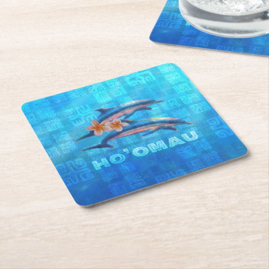 ホオマウハワイアンドルフィンコラ初期のージュ スクエアペーパーコースター (アングル)