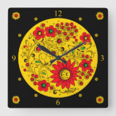 ホクローマ~ロシアのフォークアート~花を咲かせる スクエア壁時計 (正面)