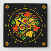 ホクローマ~ロシアのフォークアート~花を咲かせる スクエア壁時計 (正面)