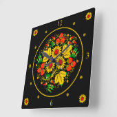 ホクローマ~ロシアのフォークアート~花を咲かせる スクエア壁時計 (傾斜)