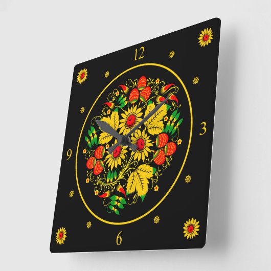 ホクローマ~ロシアのフォークアート~花を咲かせる スクエア壁時計 (傾斜)