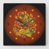 ホクローマ~ロシアのフォークアート~花を咲かせる スクエア壁時計 (正面)