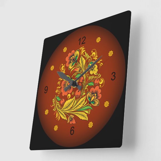 ホクローマ~ロシアのフォークアート~花を咲かせる スクエア壁時計 (傾斜)