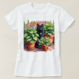 ホスタガーデンと黒猫の水彩画 Tシャツ