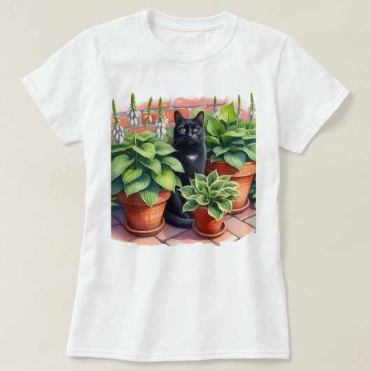 ホスタガーデンと黒猫の水彩画 Tシャツ (デザイン正面)