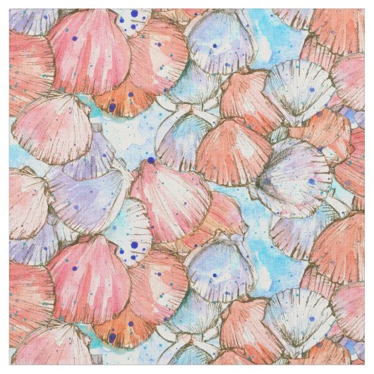 ホタテガイ貝殻インクスケッチ水彩 ファブリック (クローズアップ)