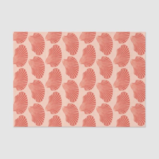 ホタテガイ貝殻ブロックプリント、ライトコーラルオレンジ 薄葉紙 (正面)