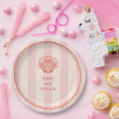 ホタテ貝のピンクのトロピカルトストライプロ結婚 ペーパープレート (パーティー)