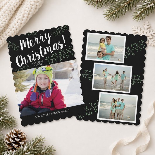 ホタテ貝の縁取りのクリスマスベリーの子供の写真 シーズンカード