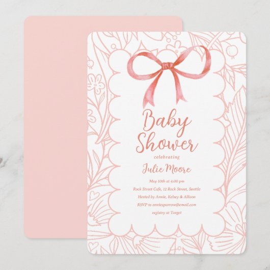 ホタテ貝赤ちゃんシャワー（ピンク） 招待状 (正面/裏面)