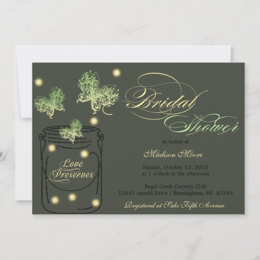 ホタルおよびメーソンジャーのブライダルシャワー-緑 招待状 (正面)