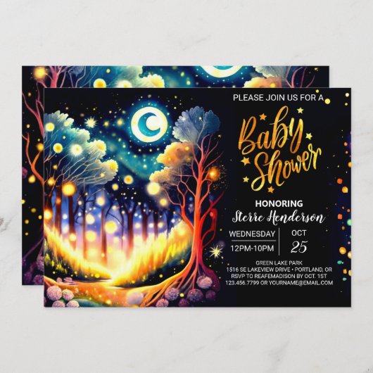 ホタルが踊る魅惑された森の赤ちゃんシャワー 招待状 (正面/裏面)