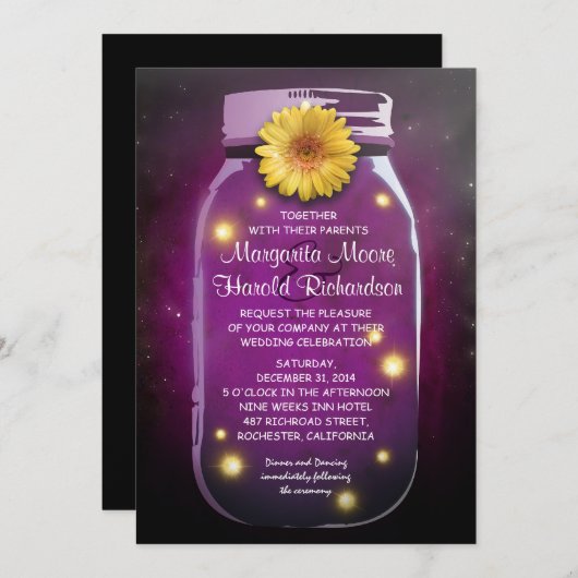 ホタルとパープル·メイソン·お洒落ジャ結婚ーズ 招待状 (正面/裏面)
