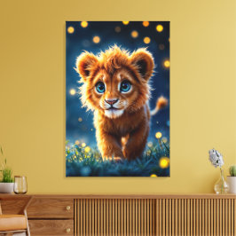 ホタルのように輝く、魅惑の青い目のライオンの仔 キャンバスプリント