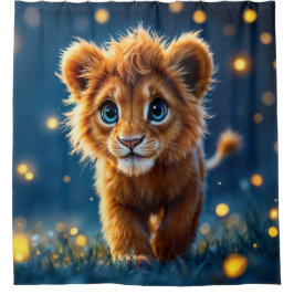 ホタルのように輝く、魅惑の青い目のライオンの仔 シャワーカーテン