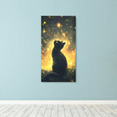 ホタルのアートワークで魅了された黒猫 キャンバスプリント (インサイチュ (ウッドフロア))