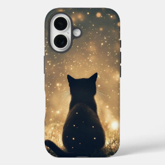 ホタルのアートワークで魅了された黒猫 iPhone 16ケース