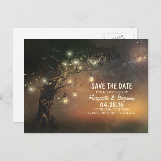 ホタルのメイソンの瓶の木の素朴な日付を保存 案内ポストカード (正面/裏面)