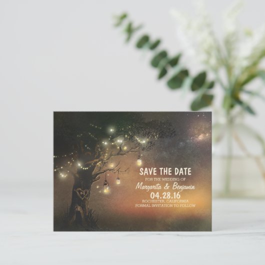 ホタルのメイソンの瓶の木の素朴な日付を保存 案内ポストカード (スタンド正面)