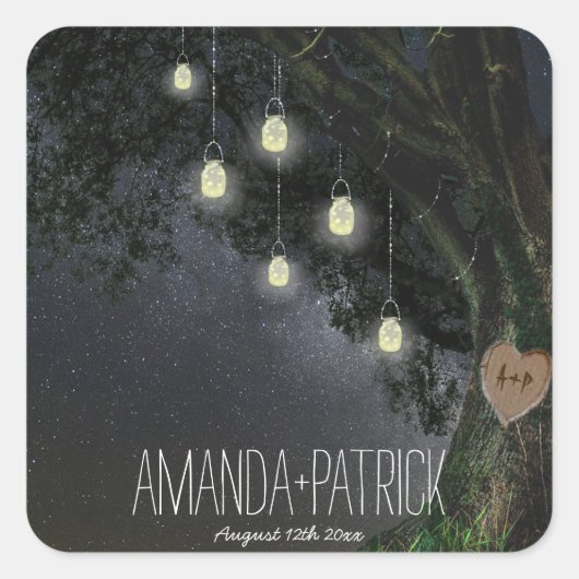 ホタルのメイソンジャーブオークの木の結婚式の引き出物 スクエアシール (正面)