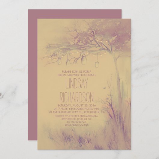 ホタルのメーソンジャーの素朴な木のブライダルシャワー 招待状 (正面/裏面)