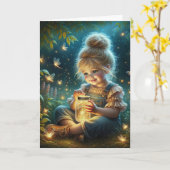 ホタルの瓶のある小さな女の子 カード (黄色い花)