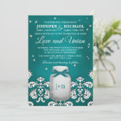 ホタルの結婚のティール(緑がかった色)のメーソンジャー 招待状 (スタンド正面)