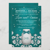 ホタルの結婚のティール(緑がかった色)のメーソンジャー 招待状 (正面/裏面)