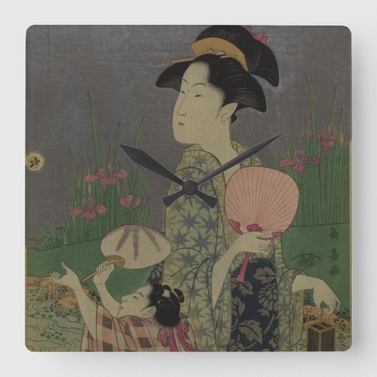 ホタル1793年(色の木版画) スクエア壁時計 (正面)