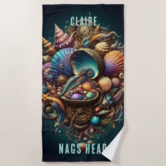 ホッお洒落キーなスチームパンク宝石のホタテ貝殻 ビーチタオル (正面)