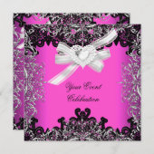 ホッかわいらしトピンクホワイトブラックレースエレガントパーティー 招待状 (正面/裏面)