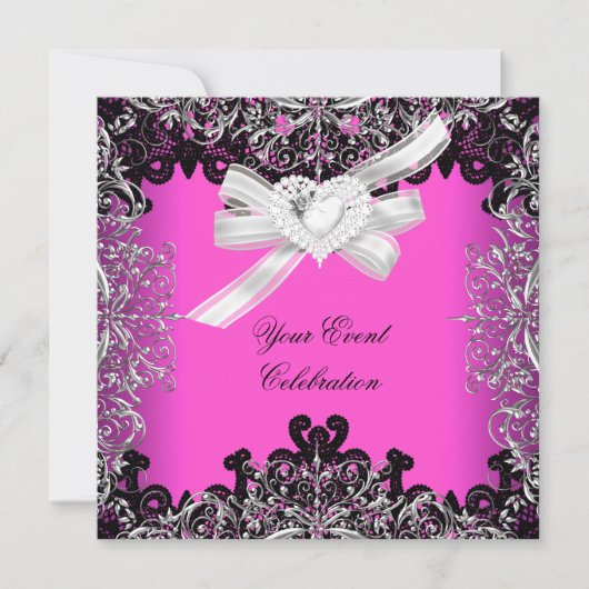 ホッかわいらしトピンクホワイトブラックレースエレガントパーティー 招待状 (正面)