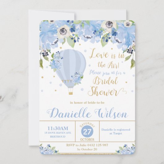 ホッエレガントトエアバルーンブルーフローラブライダルシャワー 招待状 (正面)