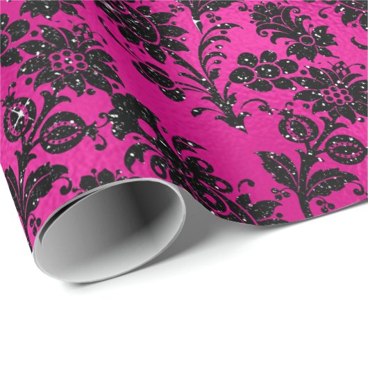 ホッエレガントトピンクとブラックグリッター花模様 ラッピングペーパー (ロールコーナー)