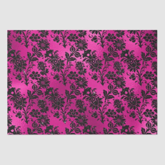 ホッエレガントトピンクとブラックグリッター花模様 薄葉紙 (正面)
