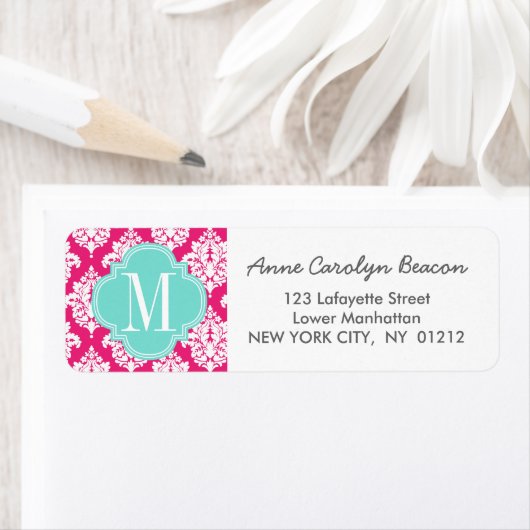 ホッエレガントトピンクダマスクパーソナライズされた ラベル (インサイチュ)