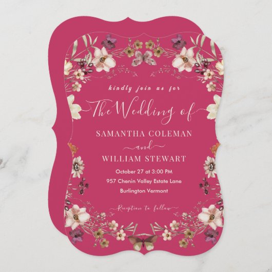 ホッエレガントトピンクワイルドフラワーモダン結婚ズ 招待状 (正面/裏面)